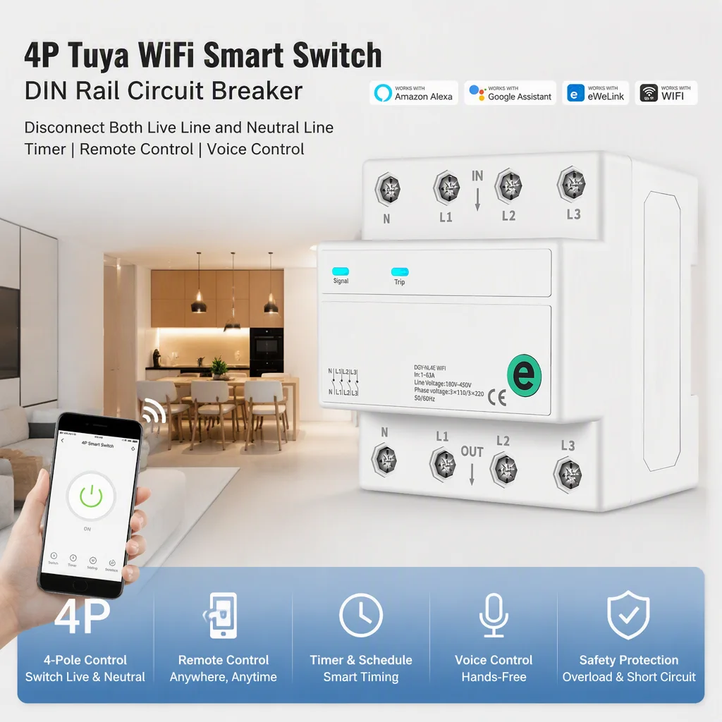 DIY GO 4 Pole eWeLink Remote Control Smart Relay Switch 63A WiFi Smart Circuit Breaker Cuts Off Live & Neutral Wire Delay Timer