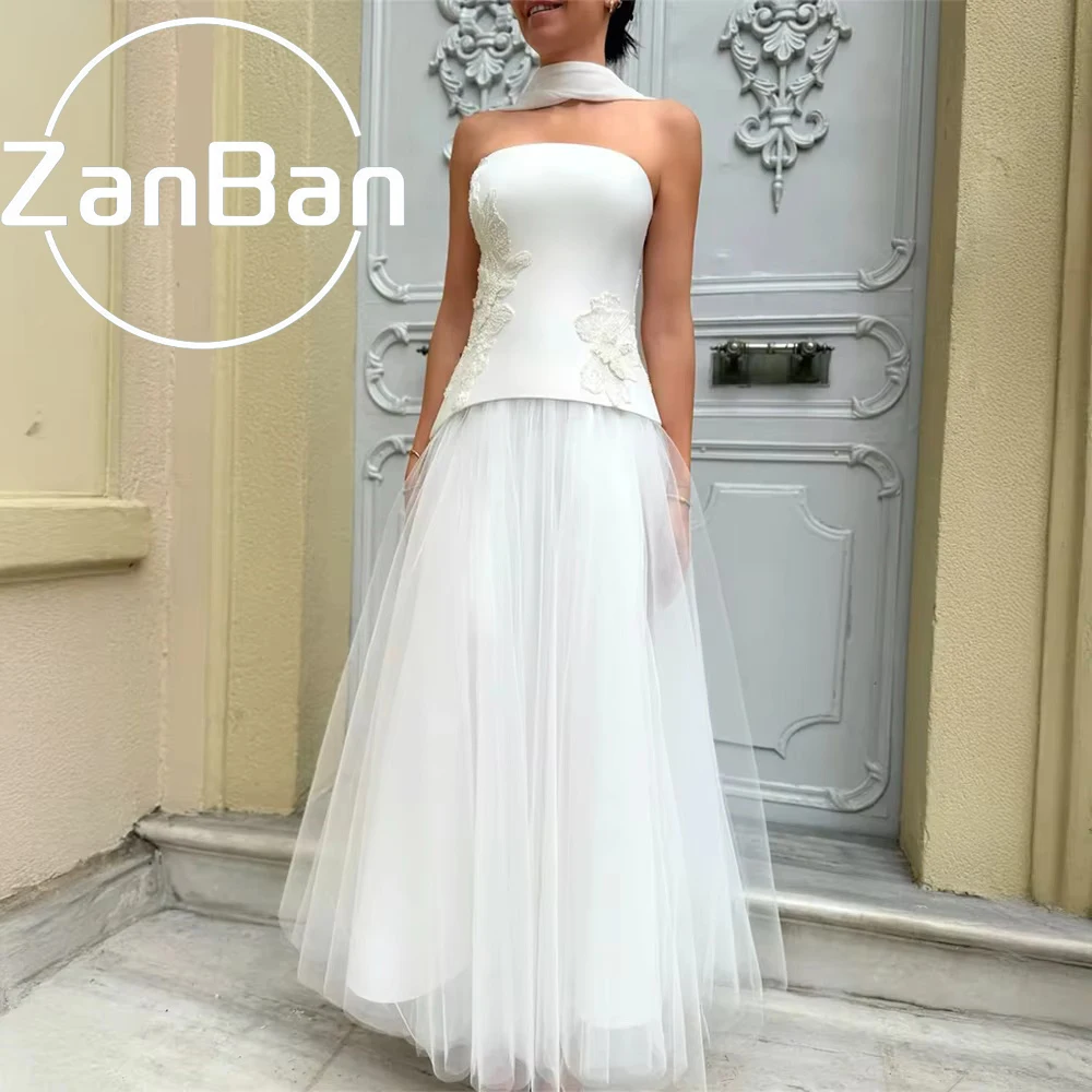 ZanBan Modern New Women's Evening Dress with Appliques Sleeveless A-line Floor Length Strapless Robes Invitee Mariage Customized
