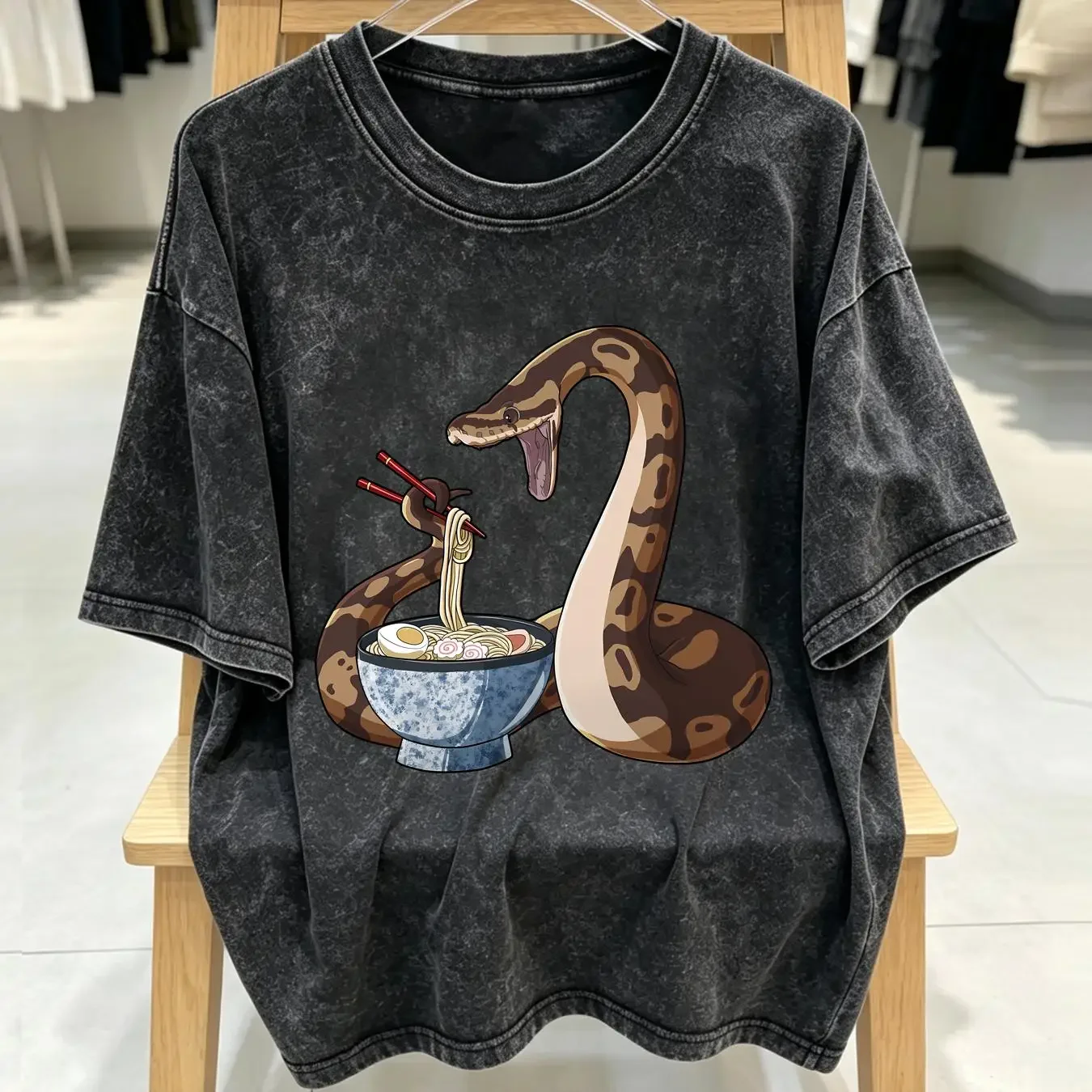 washed T Shirt Funny Ramen Snake Ball Python S 4XL vintage Washed Breathable Slightly Casual Versatile Comfortable fashion