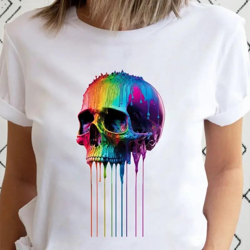 Skull & Floral Print T-Shirt Short Sleeve Fashion Casual Sport Basic Crew Clothes Harajuku Style Summer Women's Graphic T Shirts