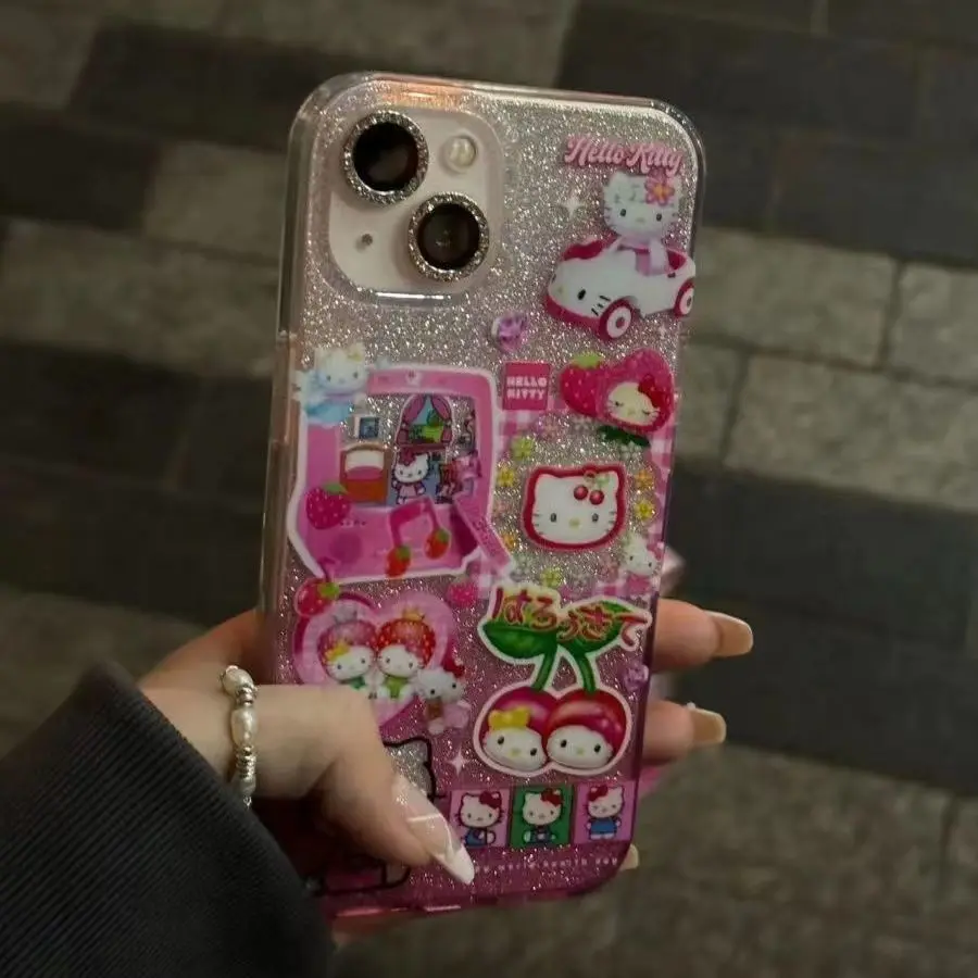 Cute Cartoon Sweet Cool Hello Kitty Bling Glitter Phone Case For iPhone 15 14 13 12 11 Pro Max Shockproof Back Cover