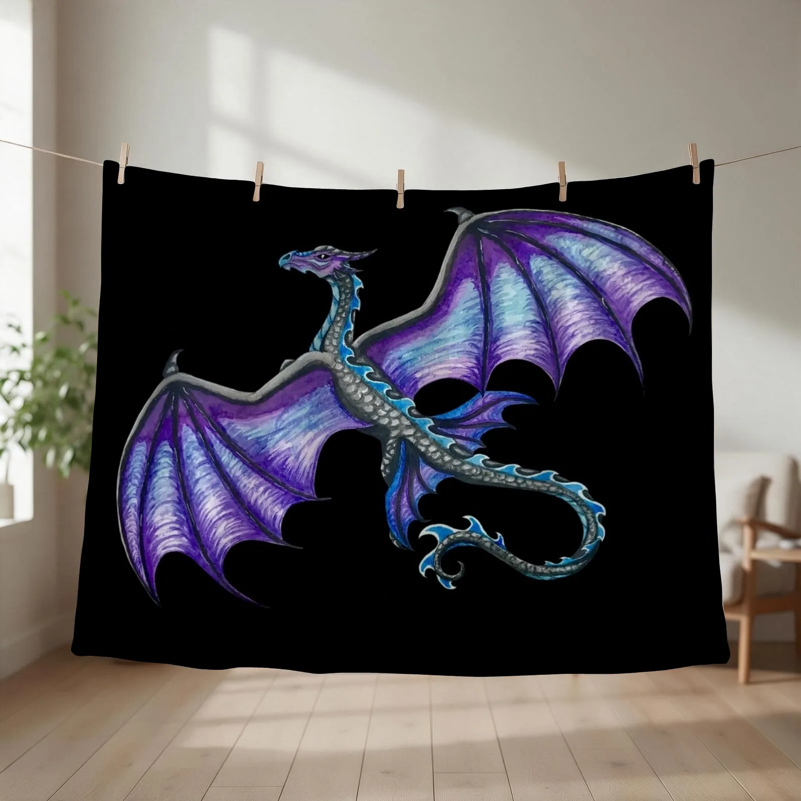 Flying Blue and Purple Dragon Throw Blanket couch cozy soft plush fuzzy picnic outdoor blanket