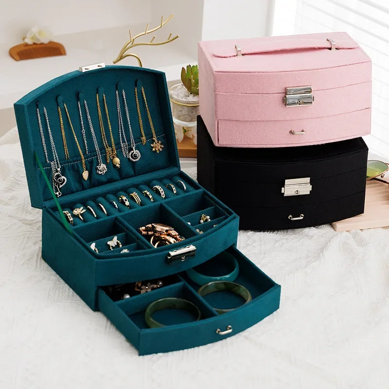

Fashion Double-layer Velvet Jewelry Box European Necklace Storage Holder Large Space Ring Casket Birthday Gift with Watch Case