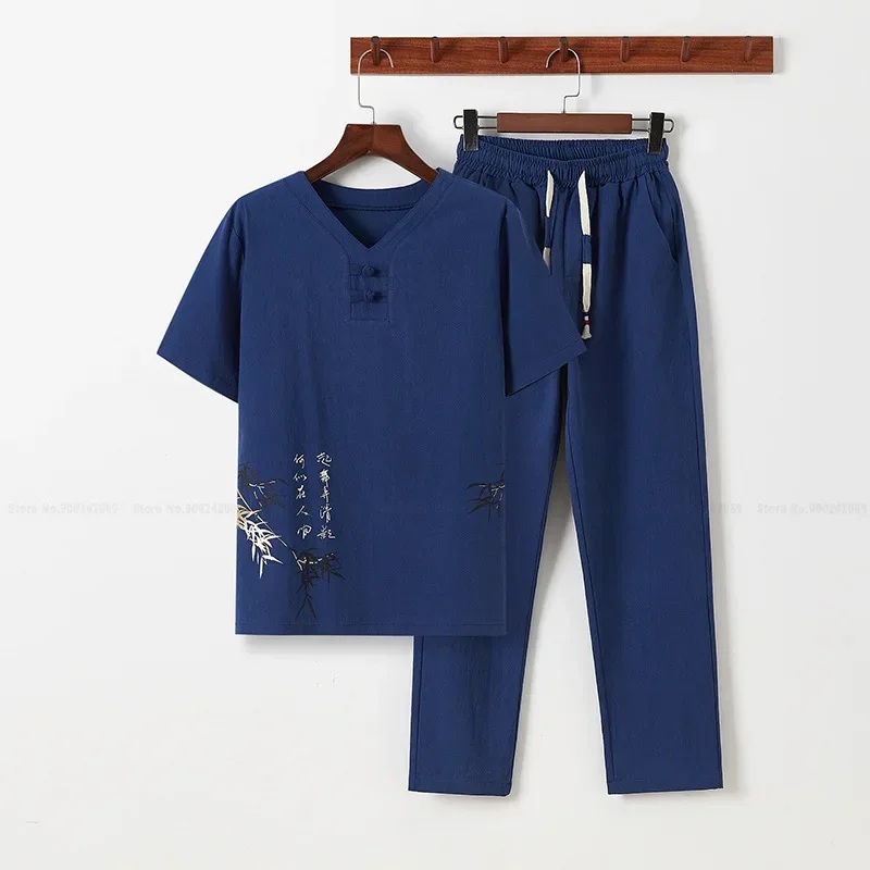 Linen Zen Tea Tee Tops Pants Kung Fu Uniform Oriental Fashion Casual Loose T-shirt Chinese Retro Style Tang Suit Men Trousers