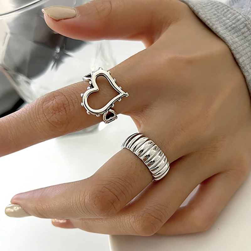Foxanry Minimalist Silver Color LOVE Heart Rings for Women New Fashion Creative Design Hollow Geometric Handmade Party Jewelry