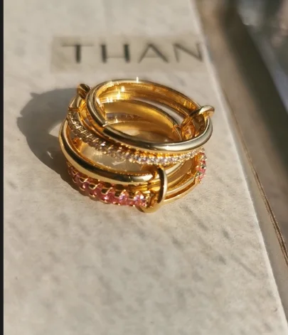 Brass  AAA Zircon Multi Color Link Chain Rings Women Jewlery Designer T Show Club Cocktail Party Rare Japan Korean INS