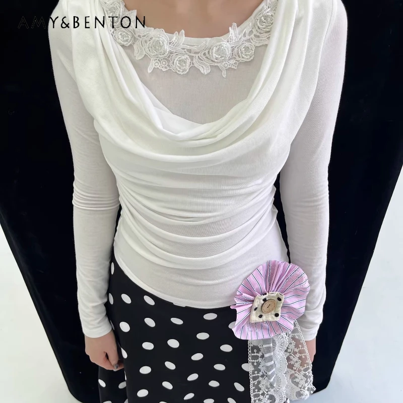 

Новая женская базовая футболка с длинным рукавом из кружева с бисером, французский дизайн, приталенная, весна-осень 2026