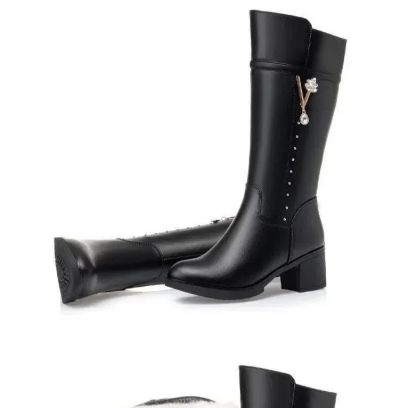 Women\'s Boots Autumn and Winter Wool Warm Thick Heels Fashion New Knee High Boots Leather Round Toe High Heel Women\'s Boots New