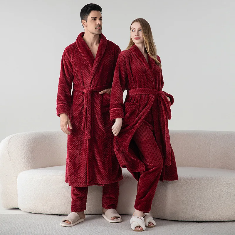 

Bride Groom's Pajamas Winter Flannel Nightgown Trousers Suits Female Coral Fleece Long Robe Lounge Wear Thickened Warm Sleepwear