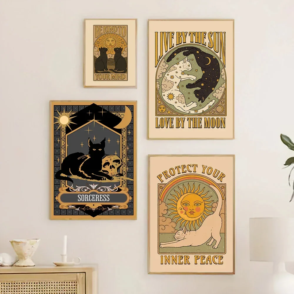Abstract Cat Vintage Tarot Lovers Sun Wall Art, HD Canvas Print Poster, Home, Living Room, Room Decoration Painting