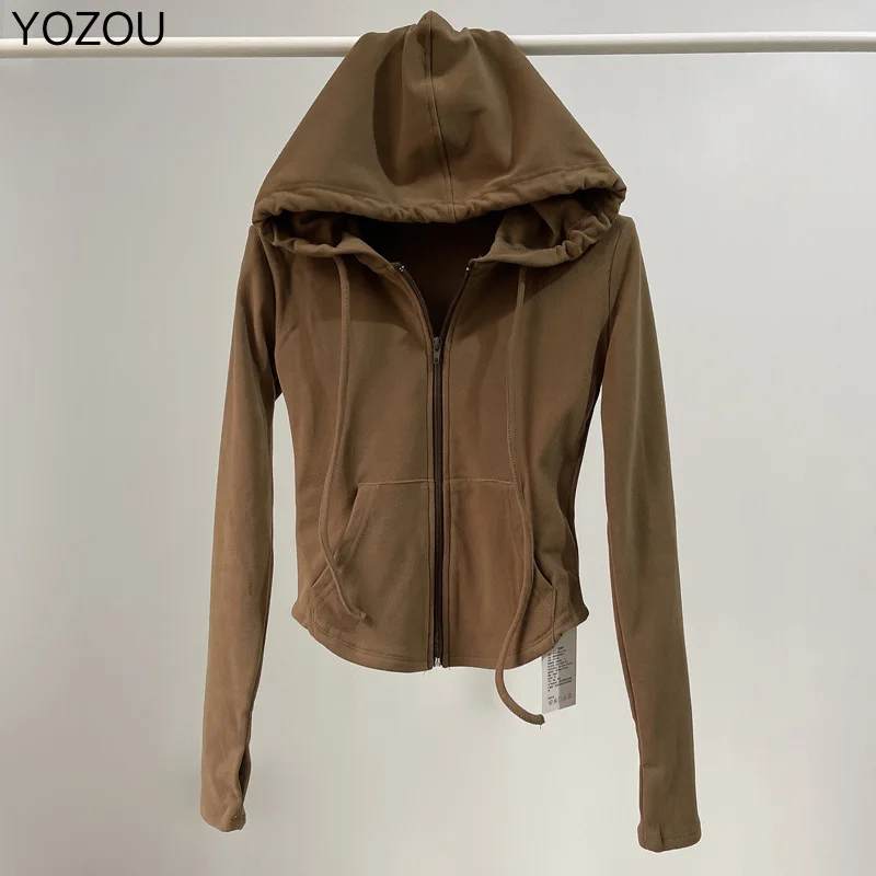 YOZOU Solid Fleece Full Zip Hoodie Y2k Basic Hooded Sweatshirts Slim Sports Brown Black Beige Baby Top Women Grunge Clothing