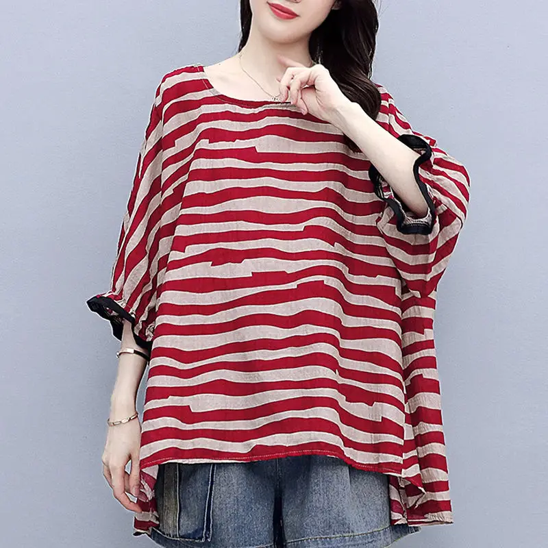 Trendy Women's Clothing Striped Print Oversized Streetwear Harajuku Y2K T-shirts Summer Female Casual Bat Sleeve Irregular Tops