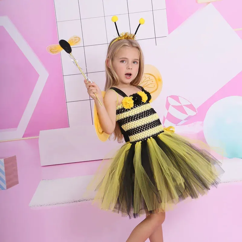 

Yellow Cute Bee Costume Tulle Dress Wing Magic Wand Headband Accessories Set for Girls Kids Carnival Dress Up Cosplay Birthday