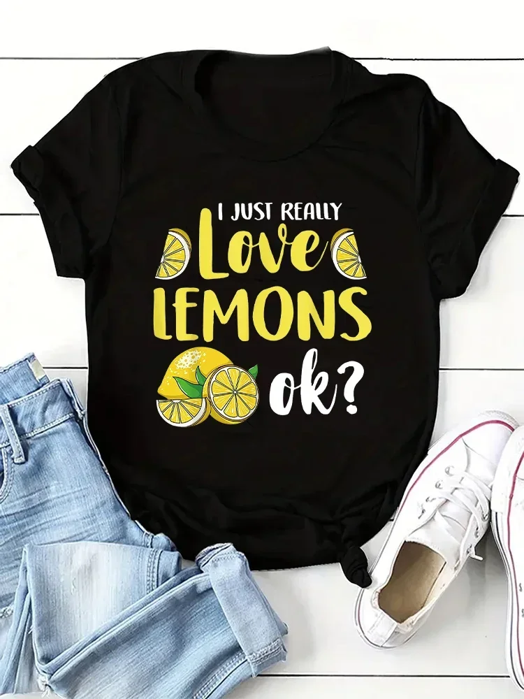 I just really Love lemons ok?Graphic simple print Summer Casual Versatile Women's Vintage Nostalgia simple Classic T-shirt