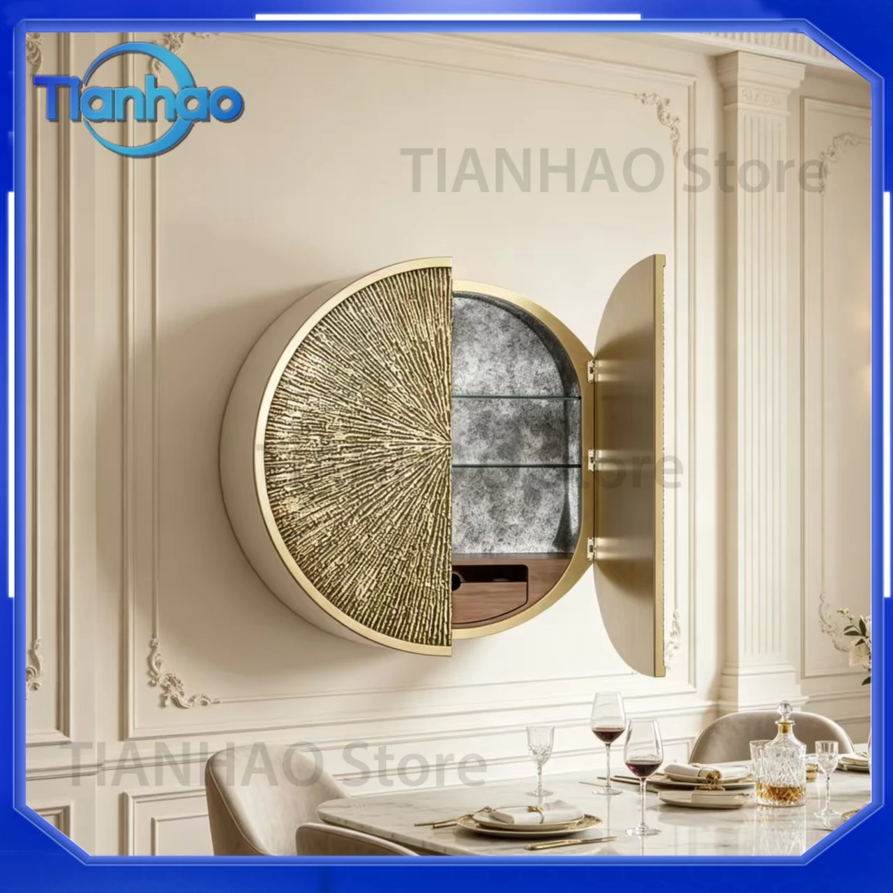 Wall Mounted Round Wine Cabinet for Home Use with Multi Tier Glass Shelves Minimalist Luxury Design