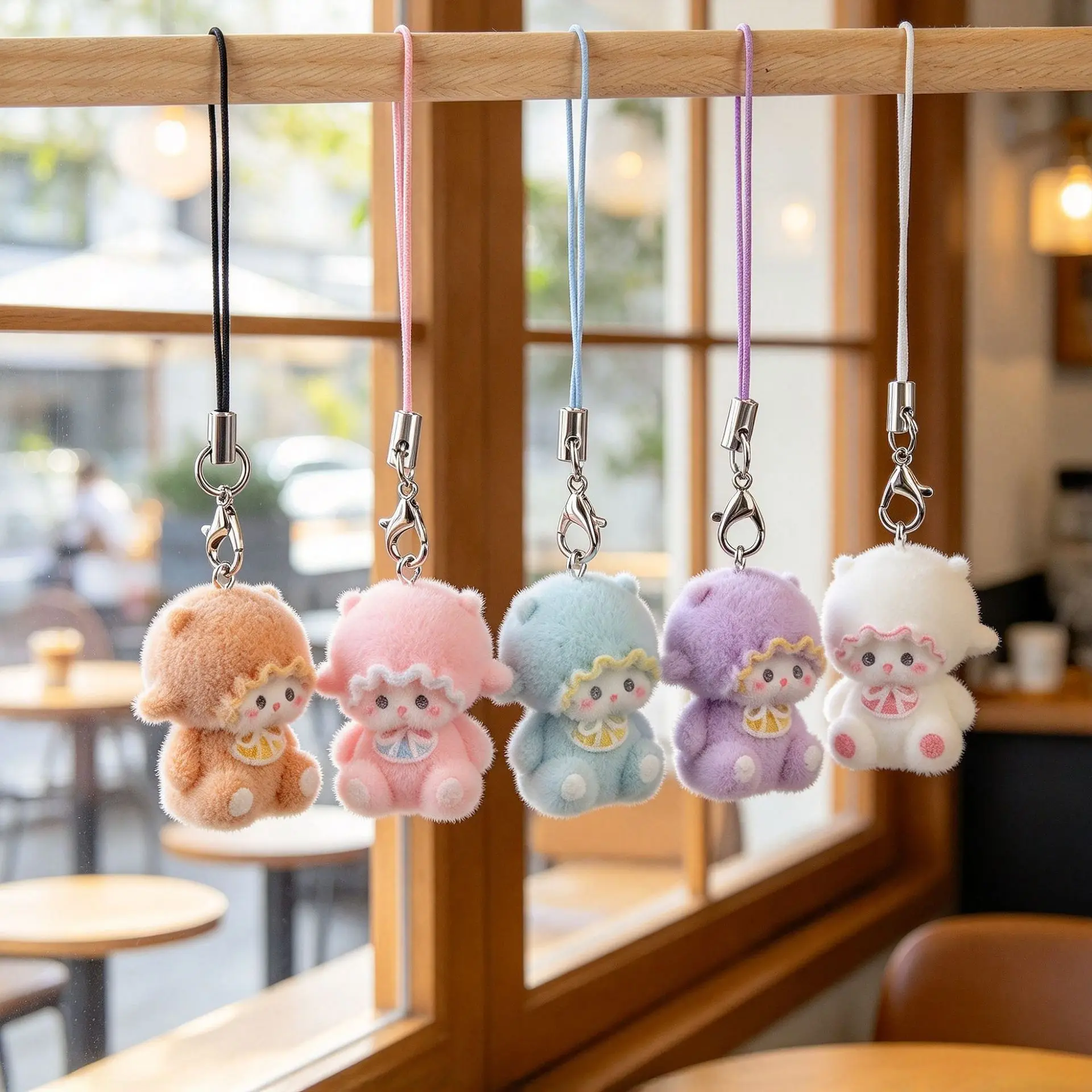 Kawaii Flocking Sheep Keychain for Women Cute Plush Sheep Bag Pendant Animal Charm Bag Earphone Car Keychain Decor Phone Chain
