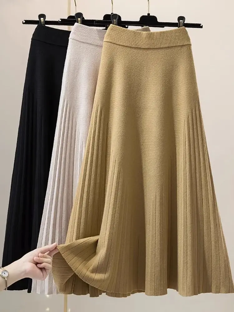 Thickened Knitted Skirt Women\'s Mid-length Skirt All-match A-line Long Skirt Autumn and Winter Mini Plaid E2091
