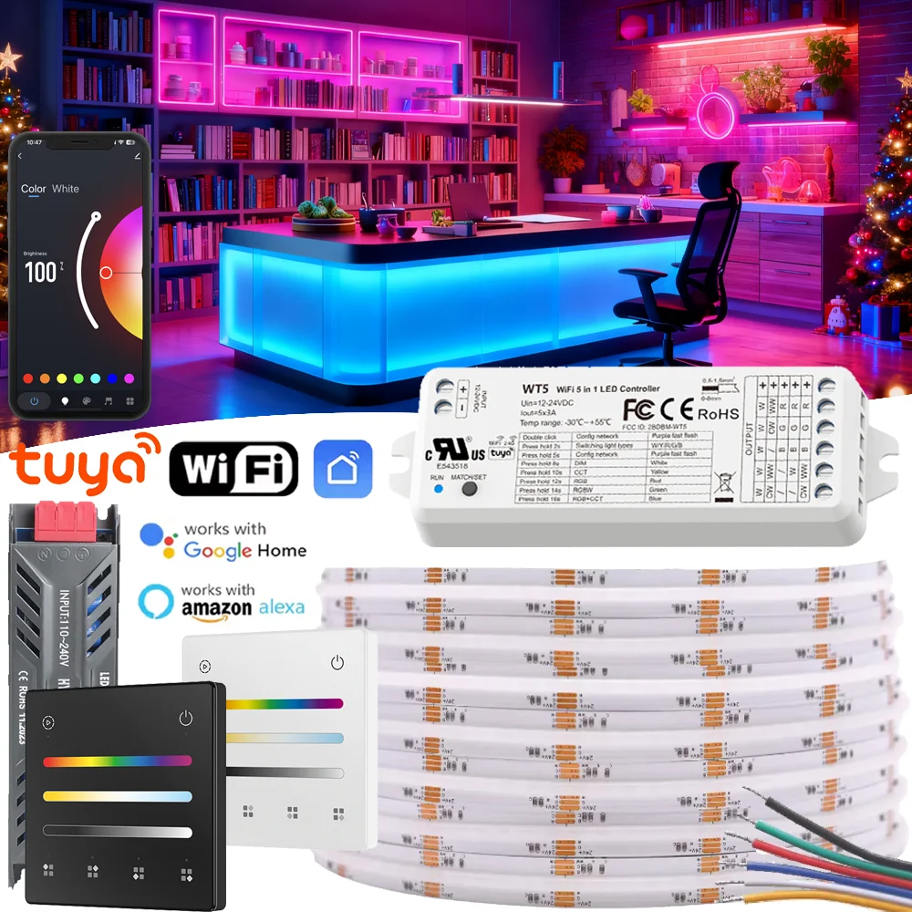 Tuya Wifi FCOB RGBCCT LED Light Strip 24V 6Pin 5in1 RGBCCT LED Strip Light Controler 4 Scene 4 Zone Touch Panel for Alexa Google