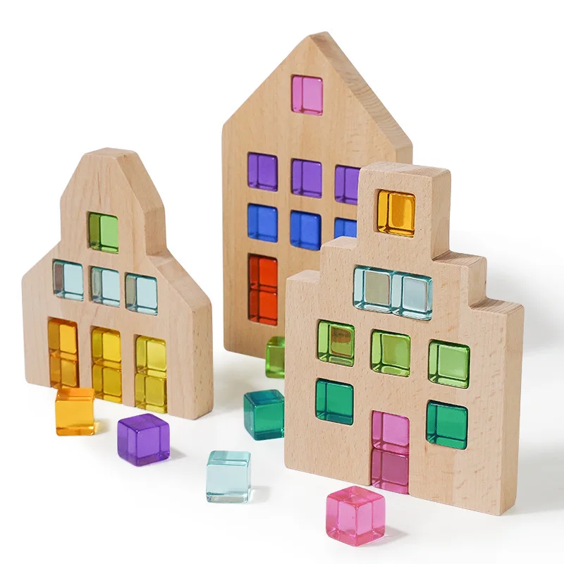 Wooden Houses Lucent Cubes Translucent Blocks Rainbow Acrylic Building Stacking Blocks Open Ended Play Toys for Children Gift