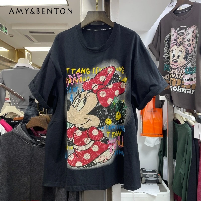

2025 Early Autumn New Heavy Embroidery Full Diamond Cartoon T-shirt Fashion Mid-Length Top Short Sleeved T-shirt O-Neck Pullover
