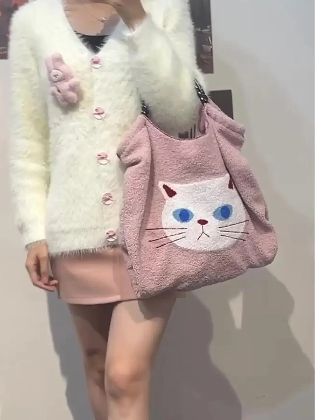 KOKOPEAS Lamb Like Fabric Animal Pattern Woman Tote Handbag Cute Faux Fur Large Female Shoulder Purse Fashion Drawstring Hobo