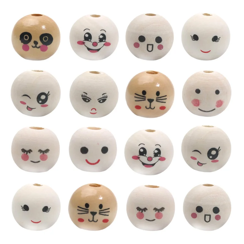 20mm 10pcs Natural Color Wood Beads Smile Face Loose Ball Round Beads For Jewelry Making Bracelet Craft Decor Diy Supplies