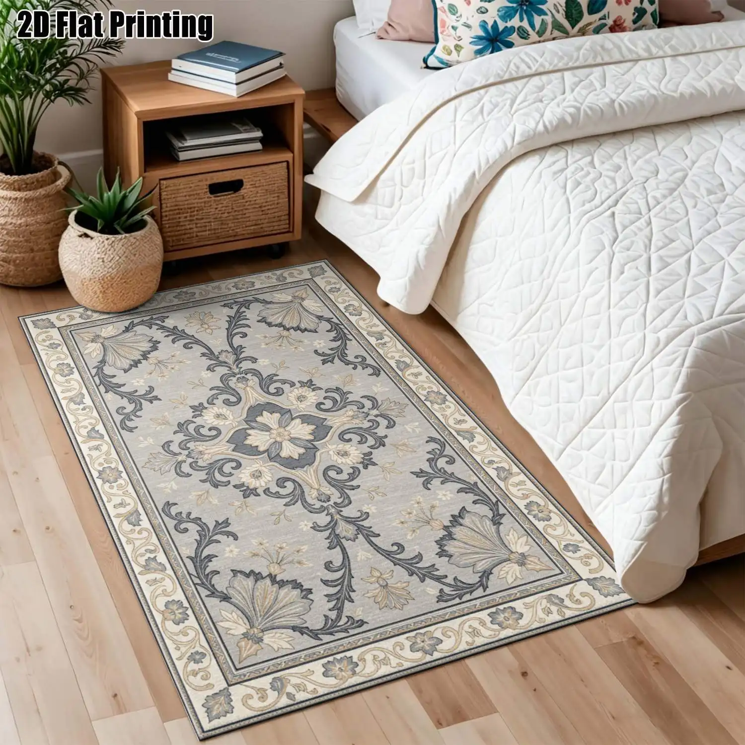 1Pc 2D Printed Carpet: Blue-Grey Floral Scroll, European Vintage Geometric Bohemian Style, Home Decor, Multiple Sizes, Machine Washable, for Entryway, Dining Room, Foyer, Living Room, Bedroom