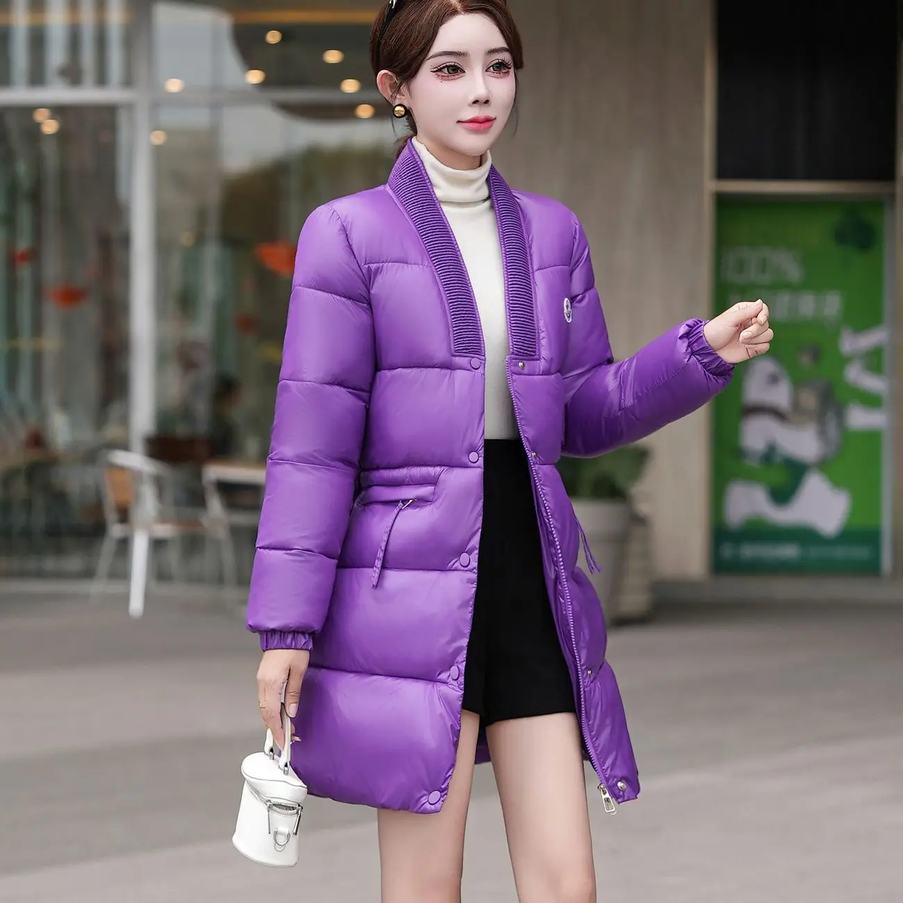 冬のファッションウエストコットンコート女性2025ミッドロングパファーコートジッパーポケットオーバーコートパーカー女性ダウンコットンジャケット