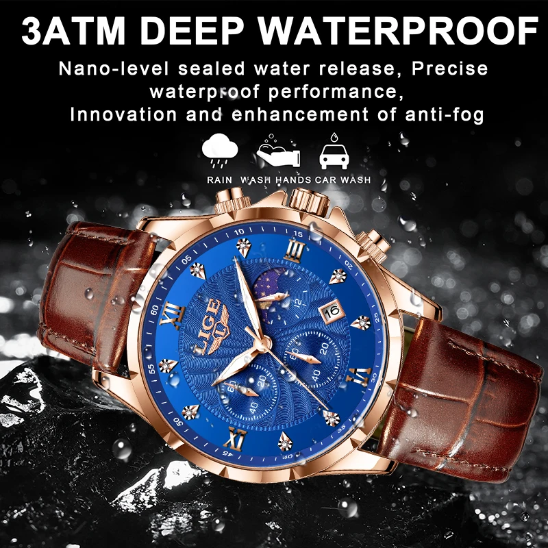 LIGE Fashion Luxury Man Watch Casual Sports Leather Moon Phase Waterproof Luminous Quartz Watches for Men Diamond Business Clock