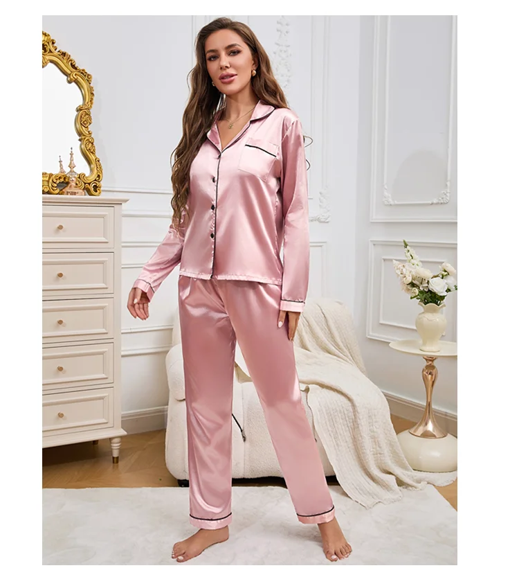Damen-Pyjama-Set, Nachtwäsche, Anzug, Loungewear, Pyjama-Set, Satin, langärmelig, Oberteile mit Hosen, 2-teilig, Pyjama, Pyjama für Damen – Detail 7