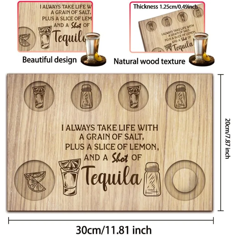 Tequila Shot Glasses Serving Tray, Wooden Flight Tray Glass Holder with Lemon Salt Rim Shot Glasses Board for Bar, Restaurant