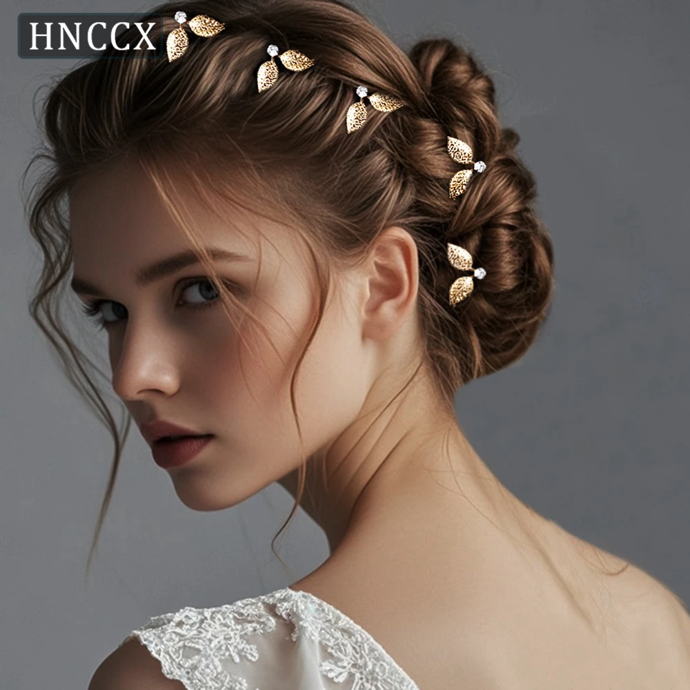 HNCCX jepit rambut pengantin aksesori perhiasan garpu rambut wanita berlian imitasi pin rambut daun paduan warna emas hiasan kepala pernikahan