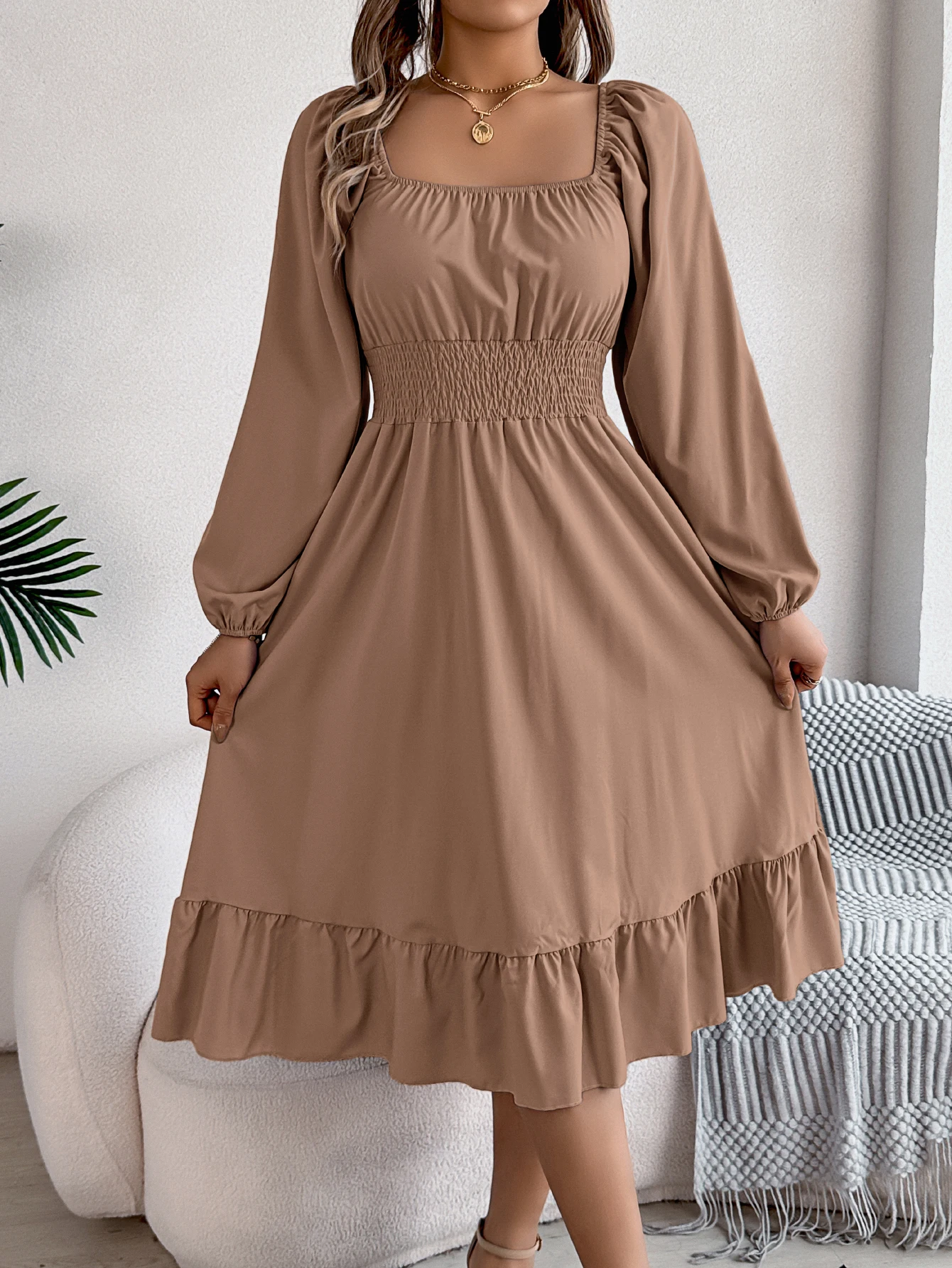 Women's Solid Color Flounce Square Neck Long Sleeve Dress with Drawstring Waist | Holiday Casual Outfit for Spring and Fall