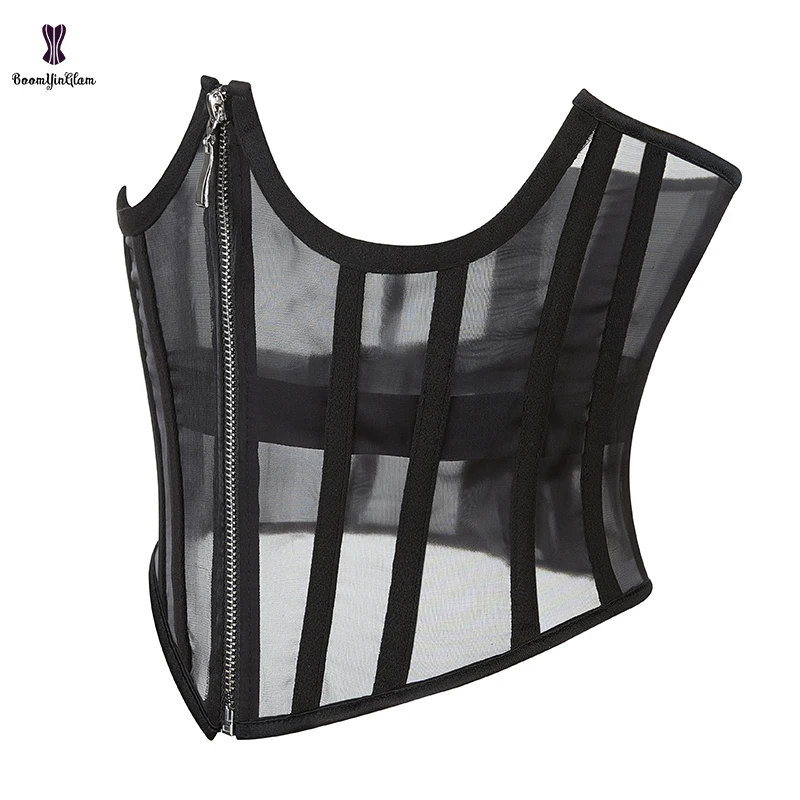 Plus Size S-XXXL Women Outfits 14 Glue Boned Waist Training Bustier See Through Mesh Lace Underbust Corset With Zipper