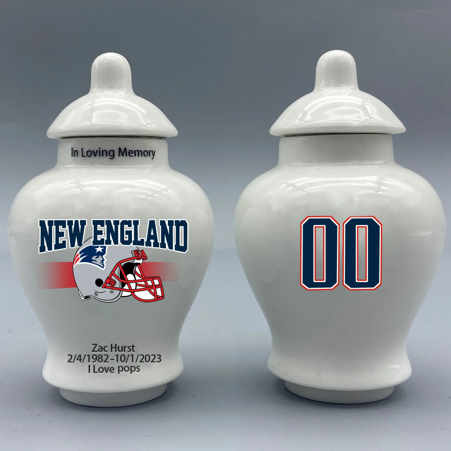 

Mini Urn for New England Patriots-themed Logo Urn.Please send me the customization information - name/date and number on the urn