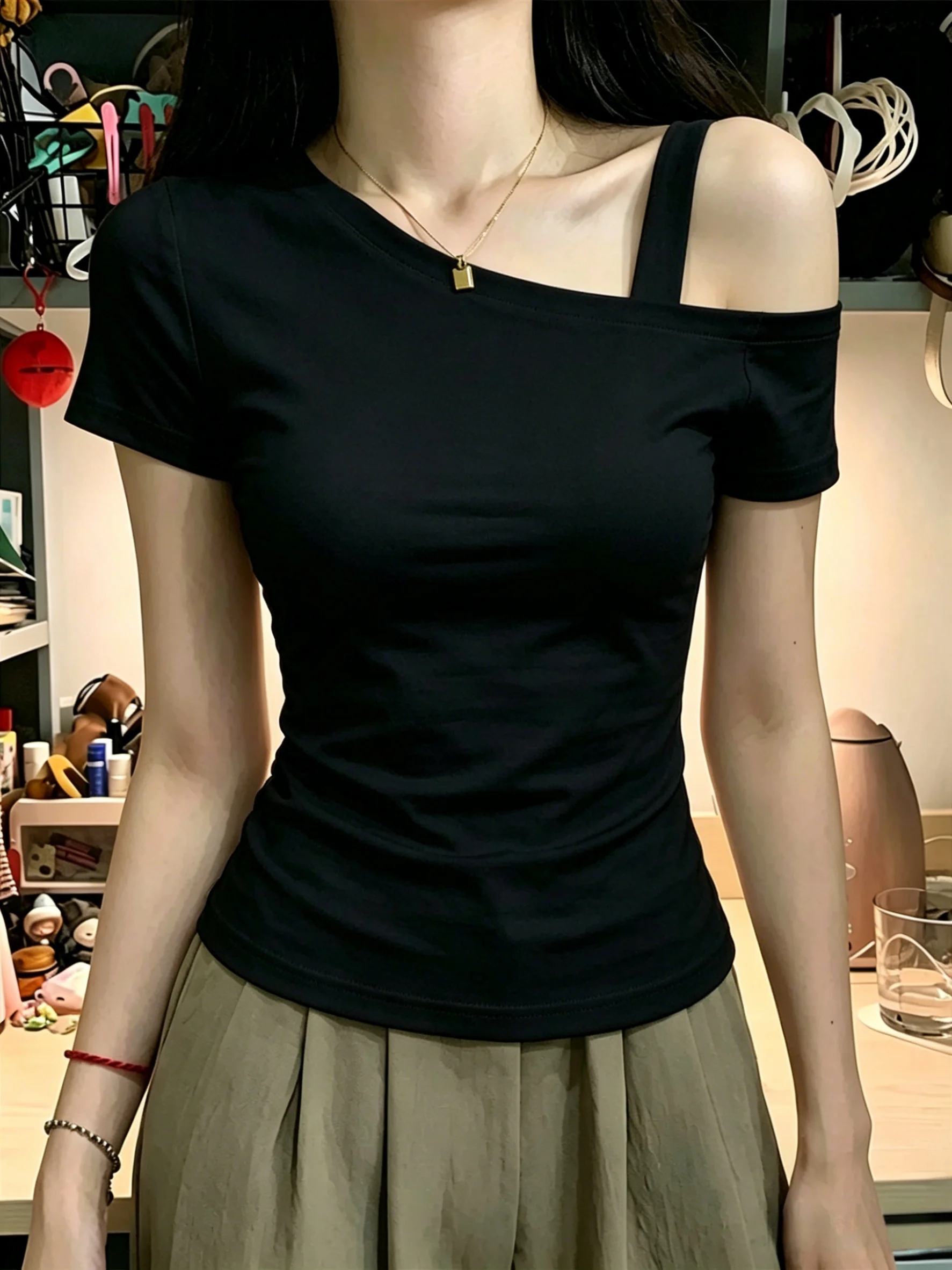 Slim Fit Short Sleeve T-Shirt 95 Cotton Shoulder Baring Black Women's Summer Clothing plus Size Versatile Body Shaping Top