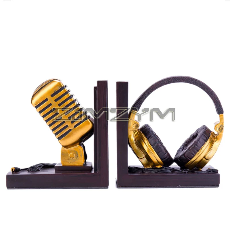 Bookends Tabletop Unique Microphone Headset Shape for Desk Coffee Table Durable Resin Decor for Books, Artistic Decoration