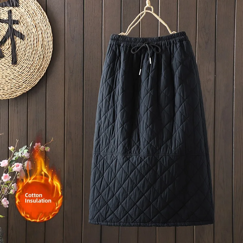 Retro Artistic Style Winter New Arrival Half Skirt with Cotton  Elastic Waist Diamond Pattern Splicing Open Split Versa...