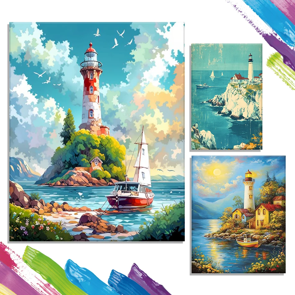 

GATYZTORY Painting By Numbers With Canvas Frame Sea lighthouse scenery For Handiwork Diy Set Acrylic Paints Drawing Brushes Oil
