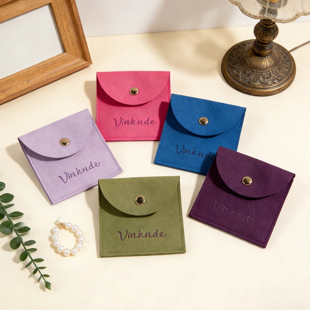 

50Pcs Customized Logo Luxury Recyclable Microfiber Velvet Jewelry Bag Snap Ring Envelope Button Closure for Watch Glasses Gift