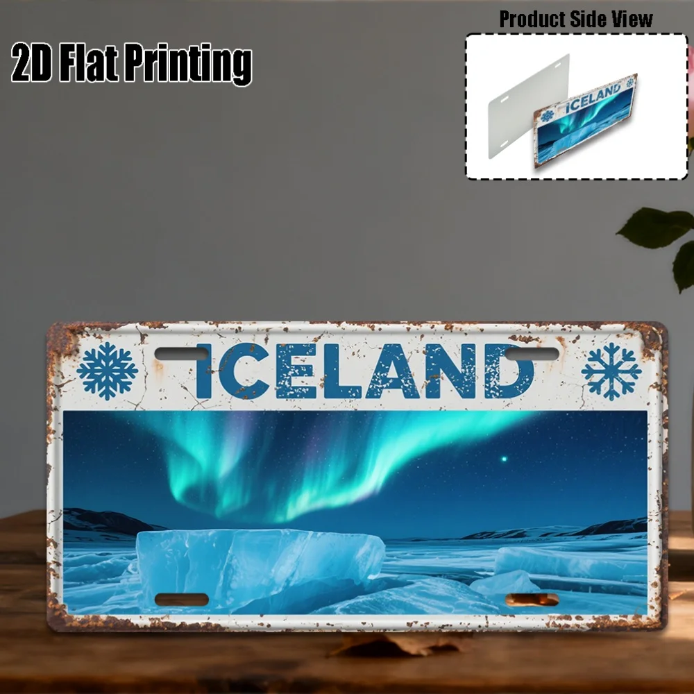 2D Flat 1pc Vintage Iceland License Plate Aluminum Wall Art Northern Lights & Glacier, Travel Decor for Home, Office, Garden
