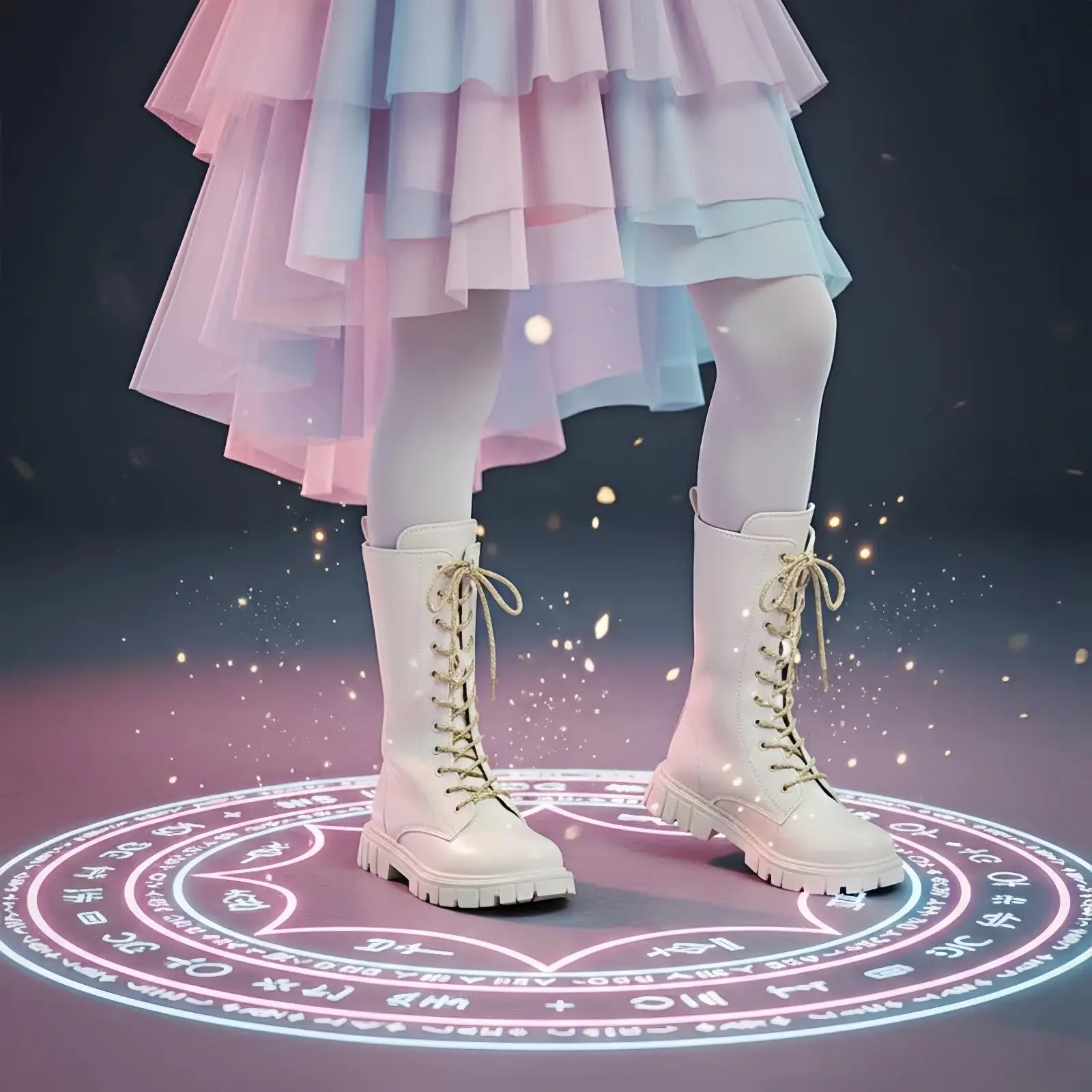 Kids Fashion Boots Girl Combat Boot Children Leather Mid Calf Boot White Lace Up Side Zipper Thick Sole Princess Style Daily