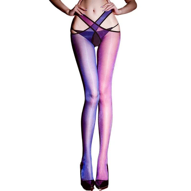 Women Sexy Stockings Hollow 2pcs Cross Open Crotch Glitter Shiny Aurora Socks Ultra-Thin Transparent Nightclub Dance Pantyhose