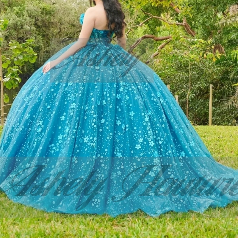 Aangepaste Glanzend Fuchsia Vrouwen Prom Jurken Speciale Gelegenheid Bloem Lace Up Puffy Lange Party Vestido De xv Quinceanera 15/16