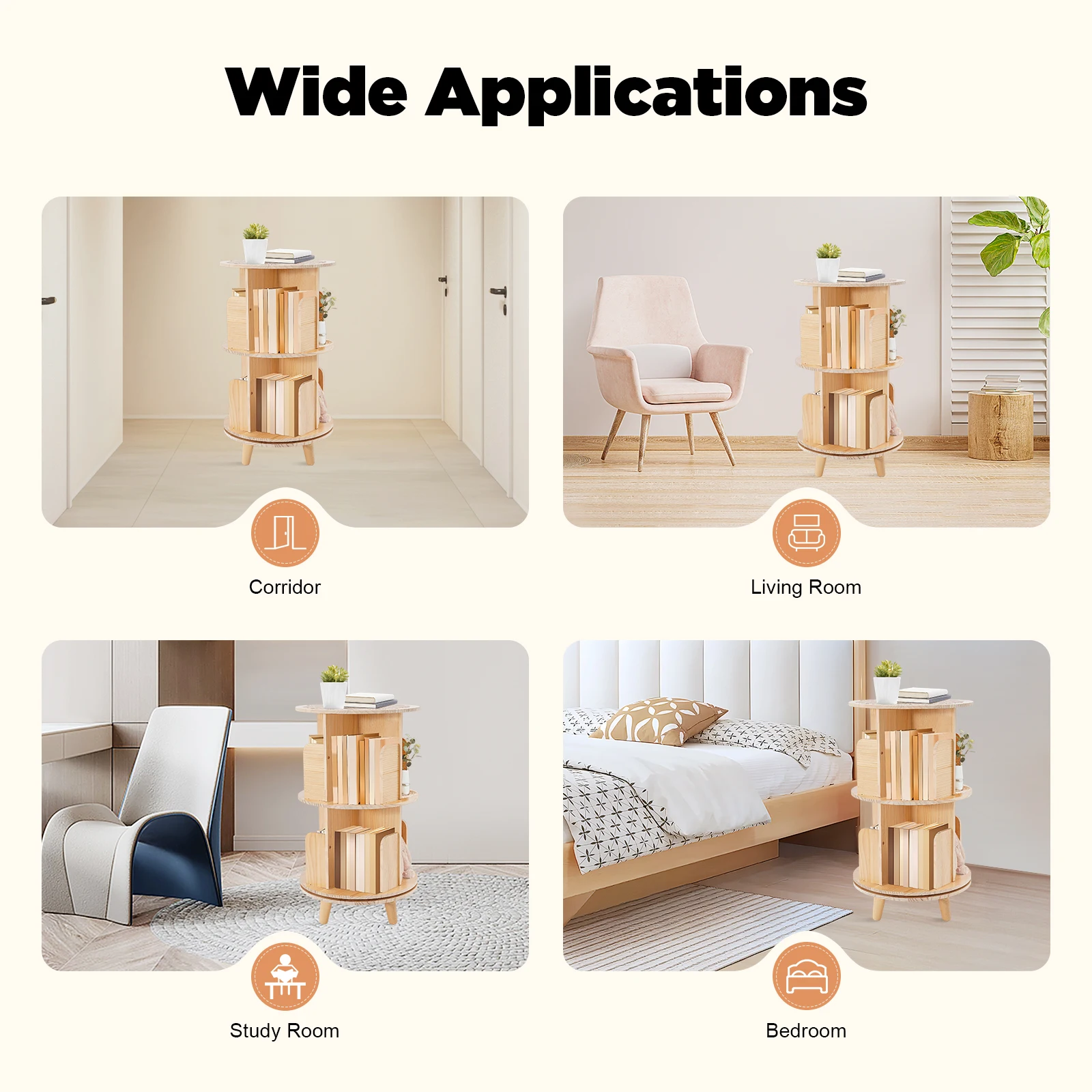  Floor Standing Rotating Bookshelf 2 Tier Cylindrical Pine Wood Multi-Functional Bookshelf Organizer Bookcase Storage Rack