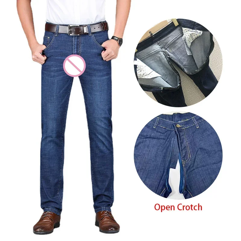 

Man Outdoor Sex Open Crotch Jeans Erotic Hidden Zipper Crotchless Long Pants Low Waist Elastic Couple Game Gay Skinny Trouser