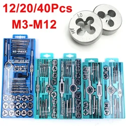 Metric Hand Tap e Die Set, Plugs de rosca, Ferramentas Straight Taper Reamer, M3-M12, 12 pcs, 20pcs