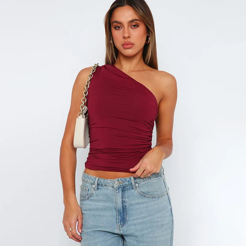 Einfarbig eine Schulter rücken frei schrumpfen Tank Top T-Shirt Süßigkeiten Farbe eng sexy ärmellose Hals ohne schlanke Casaul Top – Detail 10