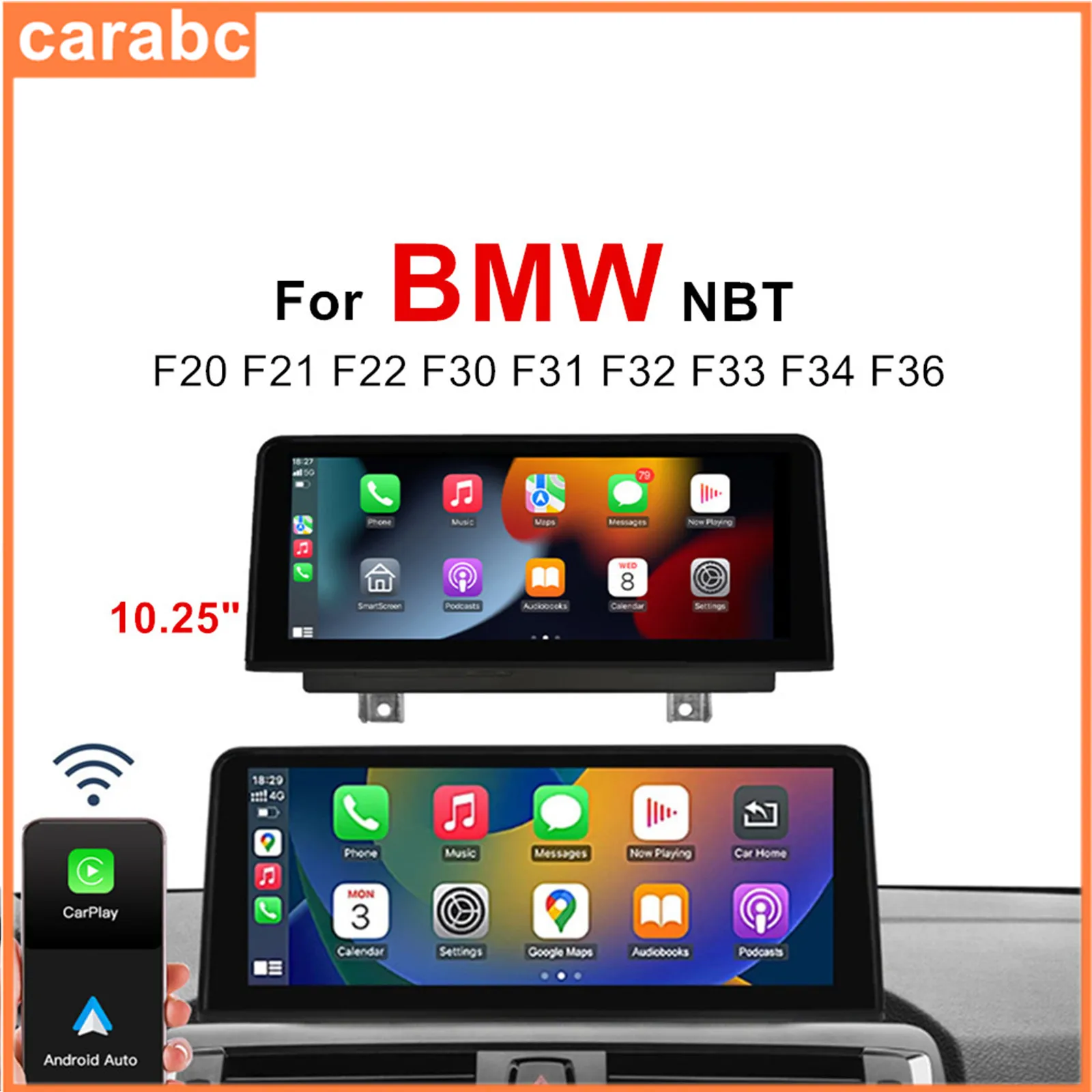 CARABC Wireless Carplay Android Auto para BMW F10 F11 F20 F21 F22 F30 F31 NBT Sistema Multimídia Automotivo com Vídeo, GPS, Navegação e Tela Sensível ao Toque