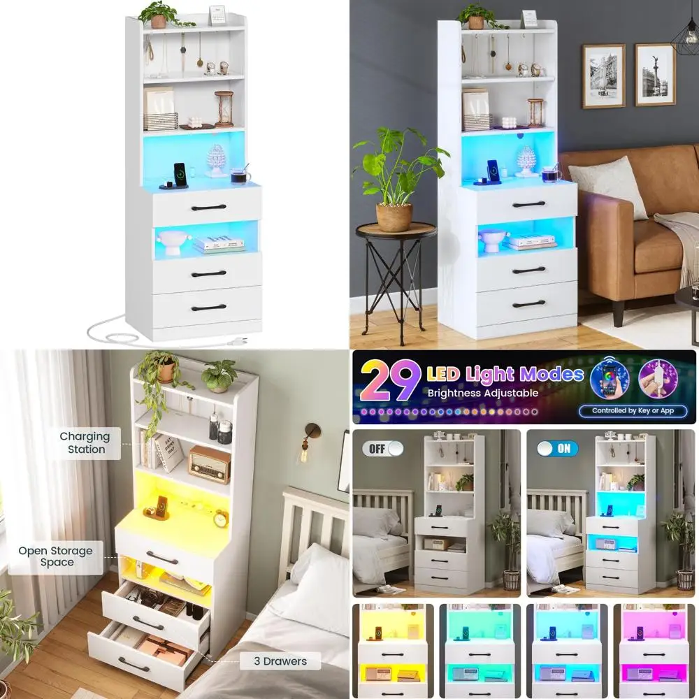 

Прикроватная тумбочка для зарядной станции со светодиодной подсветкой, прикроватная тумбочка с 3 ящиками, книжная полка для хранения для спальни